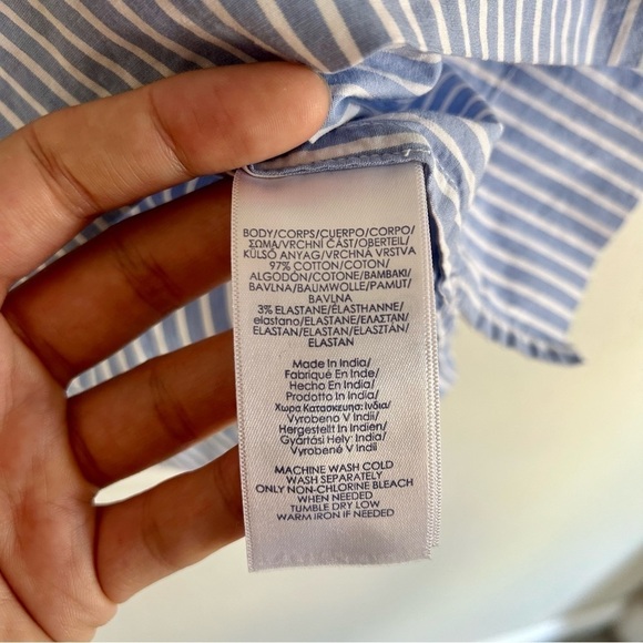 🦋 Chaps Blue White Pin Striped 3/4 Bell Sleeve Mini Dress Medium - Picture 4 of 7